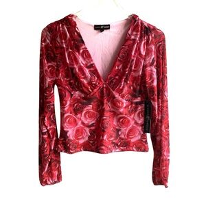 Almost Famous Red Rose Print Mesh V-Neck Top Size L Long Sleeves Floral Spring
